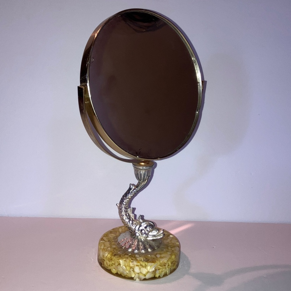Vintage Metallic Dragonfish Vanity Mirror on Weighted‎ Base